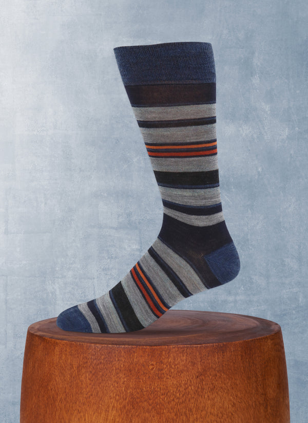 Merino Wool Multi Calf Foot Stripe Sock in Navy
