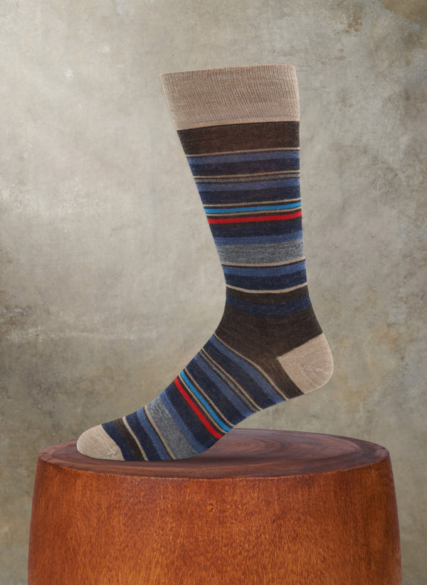 Merino Wool Multi Calf Foot Stripe Sock in Taupe