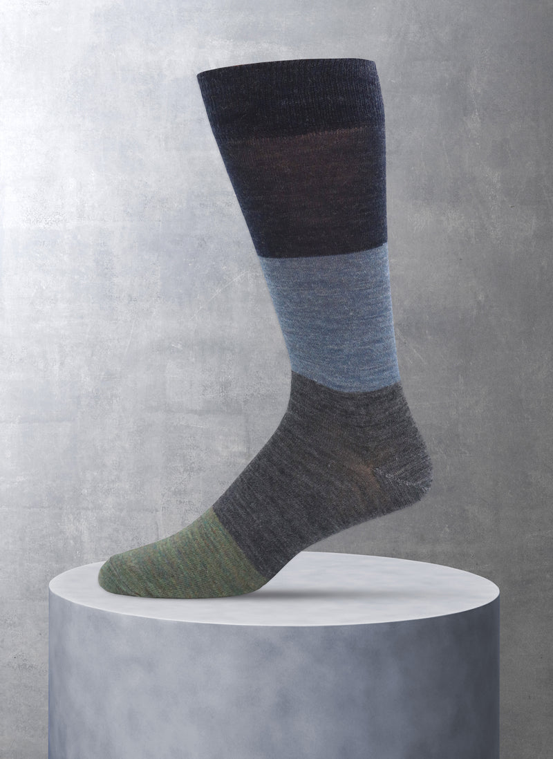 Merino Wool Wide Block Stripe Sock in Denim