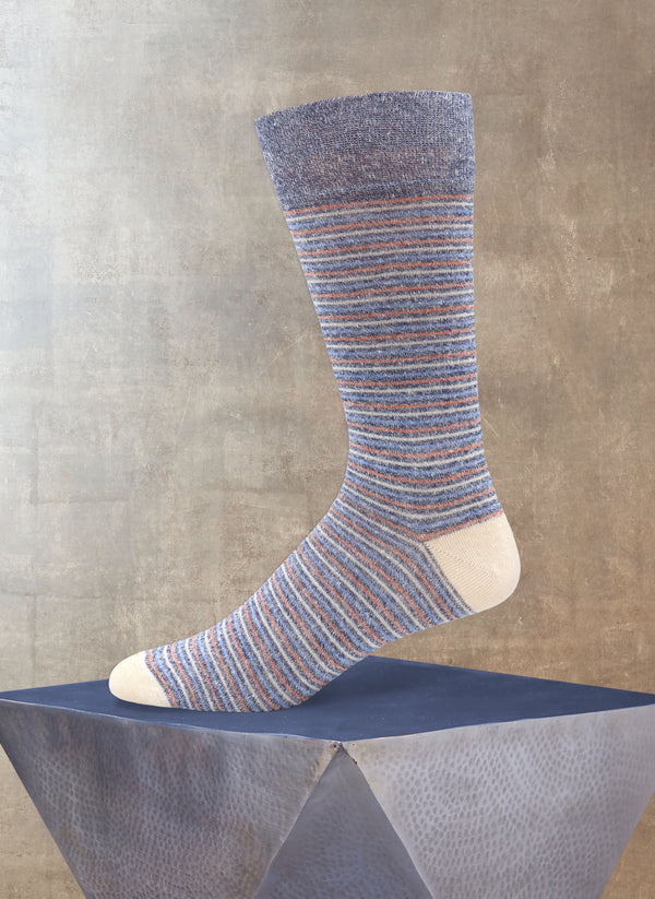 Supple Italian Linen Thin Multi Stripe Sock in Denim