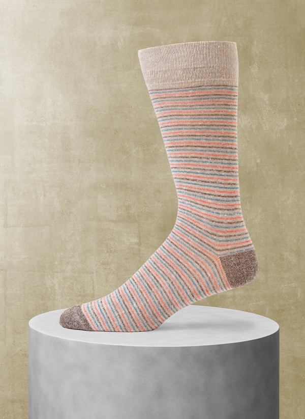 Supple Italian Linen Thin Multi Stripe Sock in Light Brown