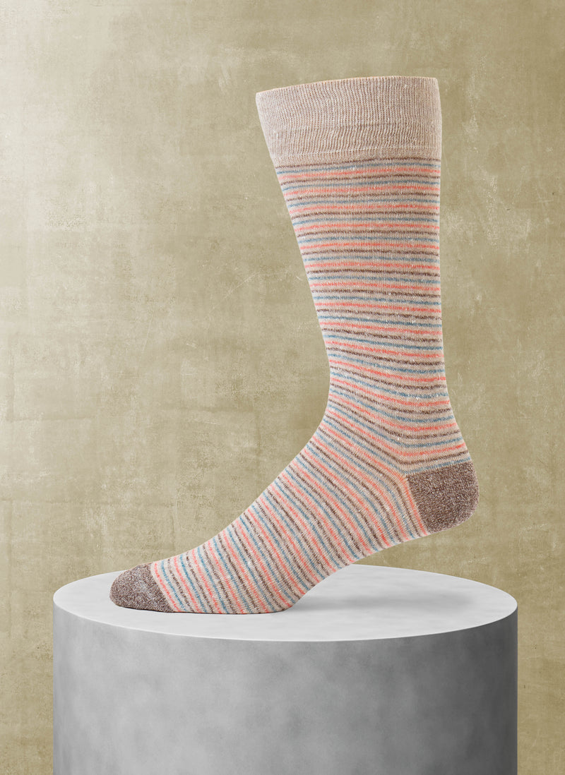 Supple Italian Linen Thin Multi Stripe Sock in Light Brown