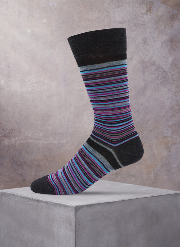 Merino Wool Multi Thin Stipe Sock in Charcoal