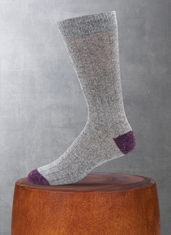 Wool Blend Rib Contrast Heel Toe Sock in Light Grey and Purple