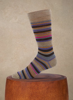Merino Wool Thin Stripe Sock in Taupe and Purple