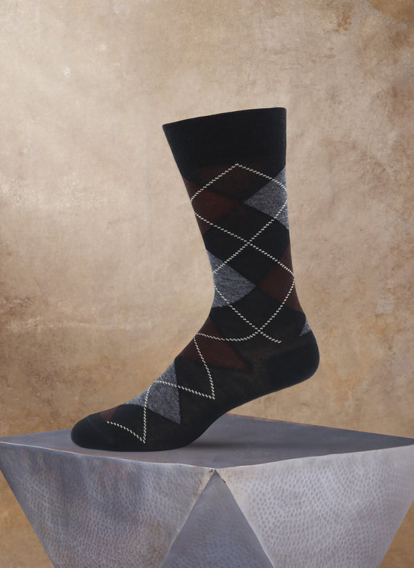 Merino Wool Argyle Sock in Charcoal and Brown