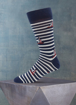 Large Sailboats and Stripes Cotton Sock in Navy