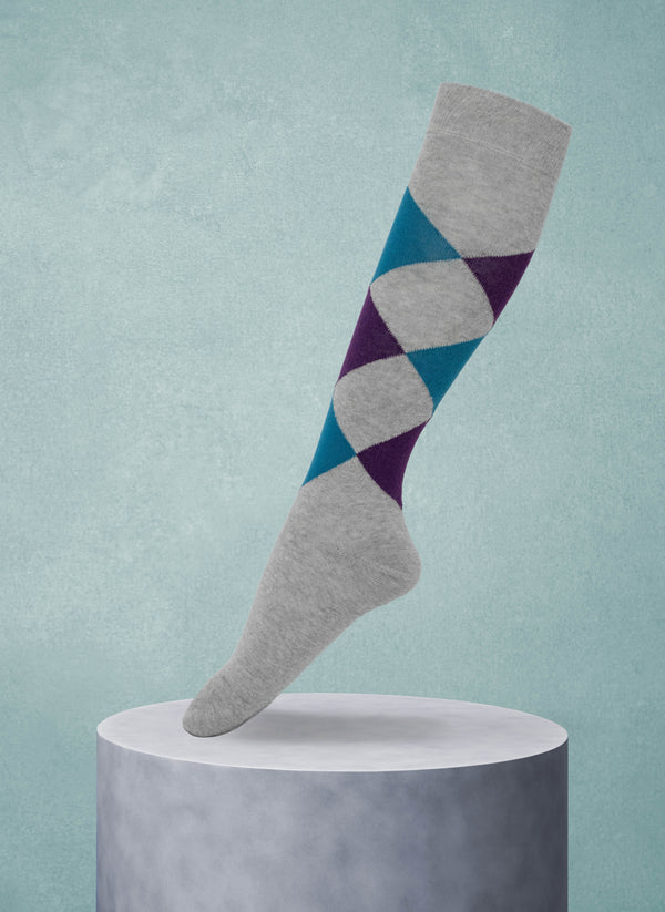Women's Knee High Argyle Sock in Light Grey