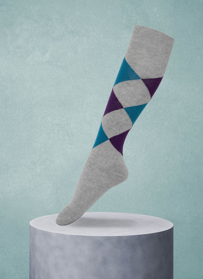 Women's Knee High Argyle Sock in Light Grey