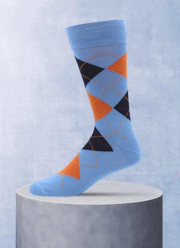 Merino Wool Argyle Sock in Light Blue and Orange