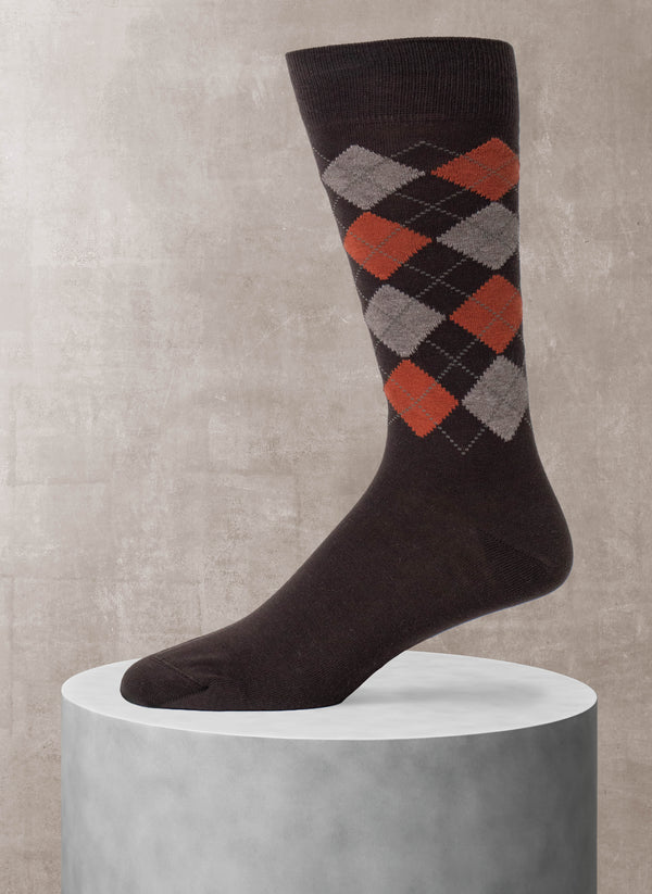 Black sock with red and gray argyle pattern on a beige background