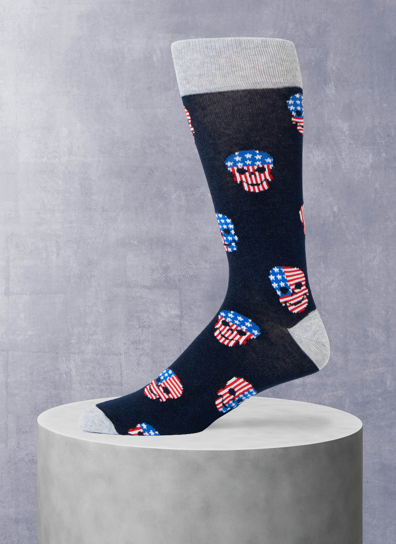 Big and Tall Skull American Flag Sock in Navy