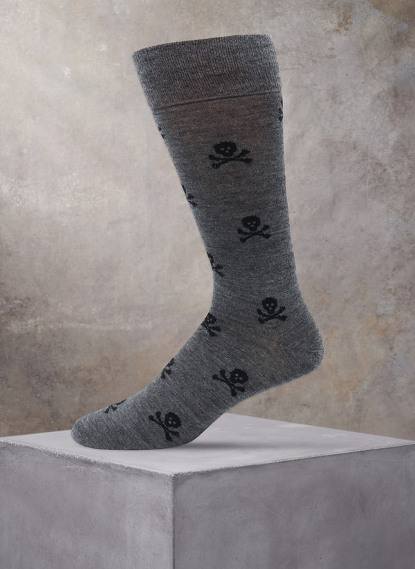 Big and Tall Soft Merino Wool Skulls Sock in Charcoal