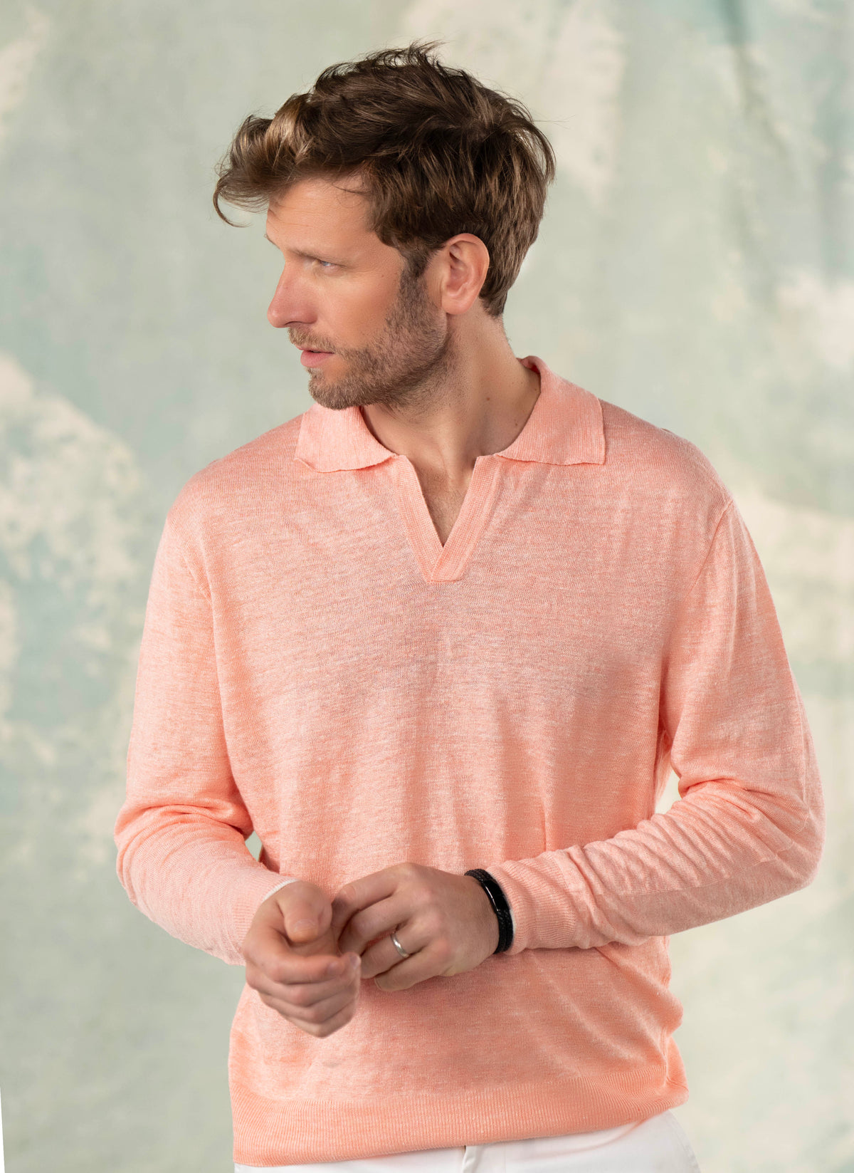 mens coral colored dress shirts Men's Positano Italian Linen Long Sleeve Polo in Coral – Lorenzo Uomo
