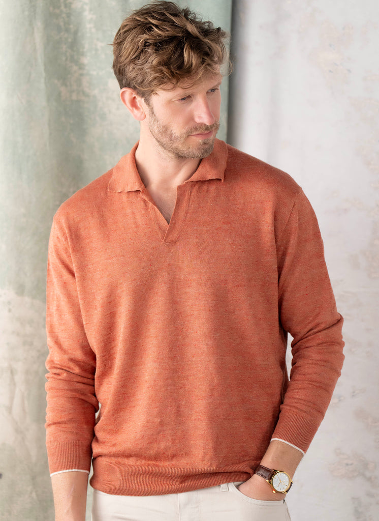 Men's Positano Italian Linen Long Sleeve Polo in Rust Terracotta