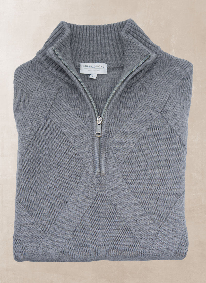 Men's Iseo Italian Extra Fine Merino Wool Quarter Zip Diamond Sweater in Light Grey Melange