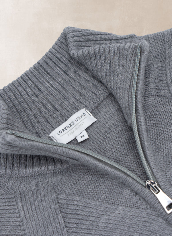 Men's Iseo Italian Extra Fine Merino Wool Quarter Zip Diamond Sweater in Light Grey Melange
