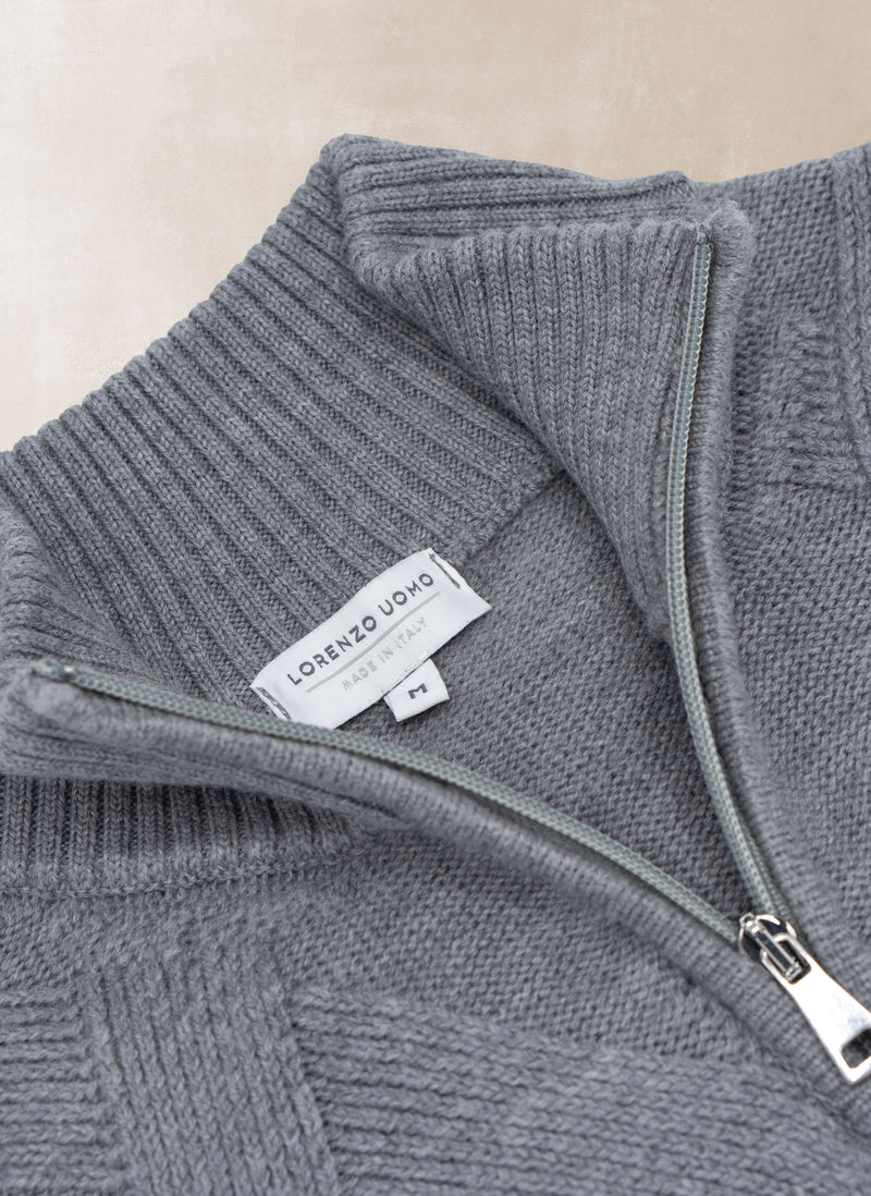 Men's Iseo Italian Extra Fine Merino Wool Quarter Zip Diamond Sweater in Light Grey Melange