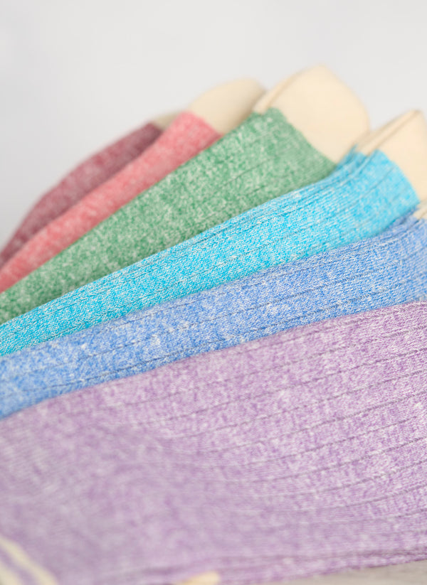 group image of our Supple Italian Linen Solid Rib Sock in Purple, Denim, Light Blue, Green, and Coral
