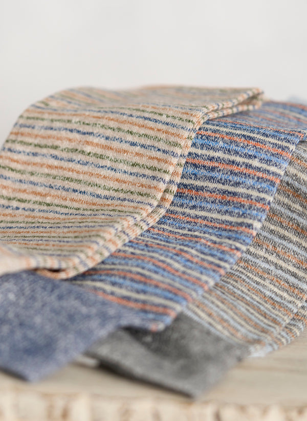 Group image of Supple Italian Linen Thin Multi Stripe Sock in Denim, Taupe and Light Grey