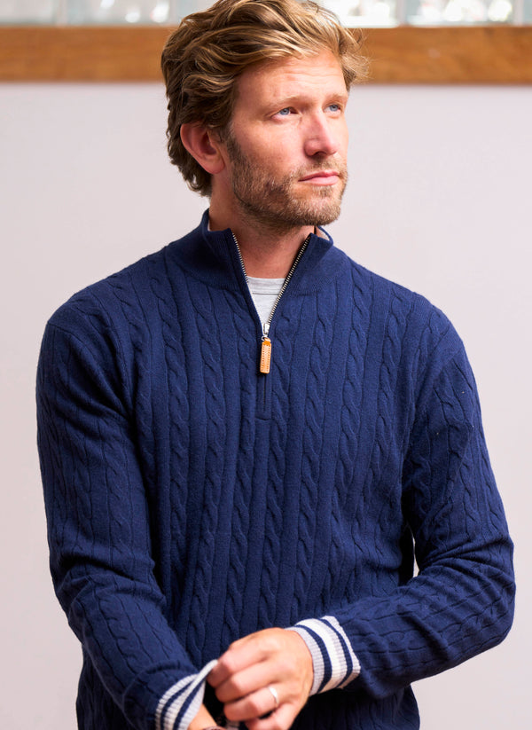 Men's Lugano Stripe Quarter Zip Cashmere Sweater in Navy