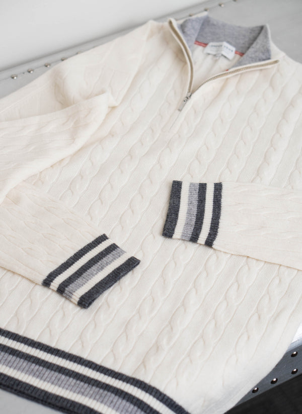 Men's Lugano Stripe Quarter Zip Cashmere Sweater in Ivory