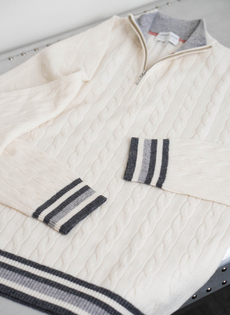 Men's Lugano Stripe Quarter Zip Cashmere Sweater in Ivory