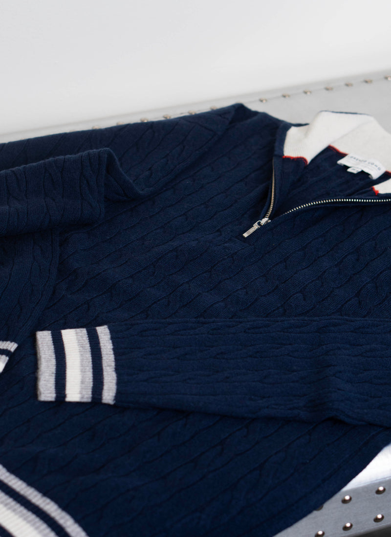 Men's Lugano Stripe Quarter Zip Cashmere Sweater in Navy