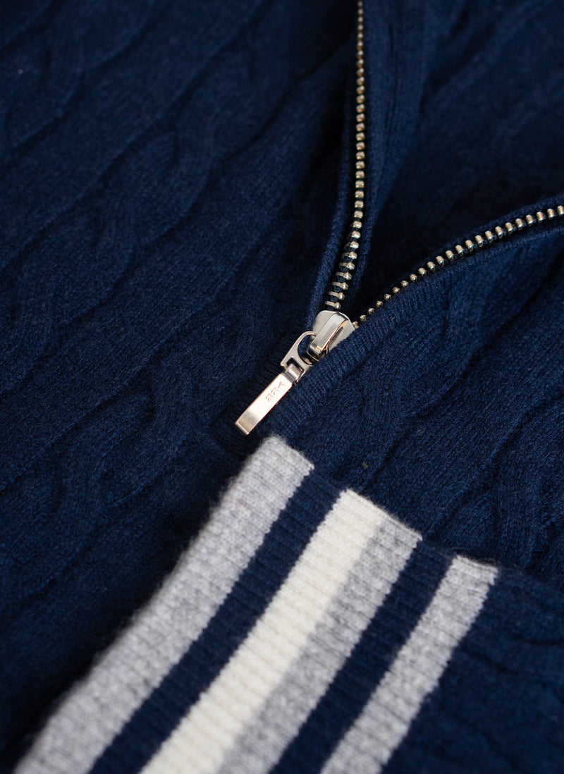 Men's Lugano Stripe Quarter Zip Cashmere Sweater in Navy