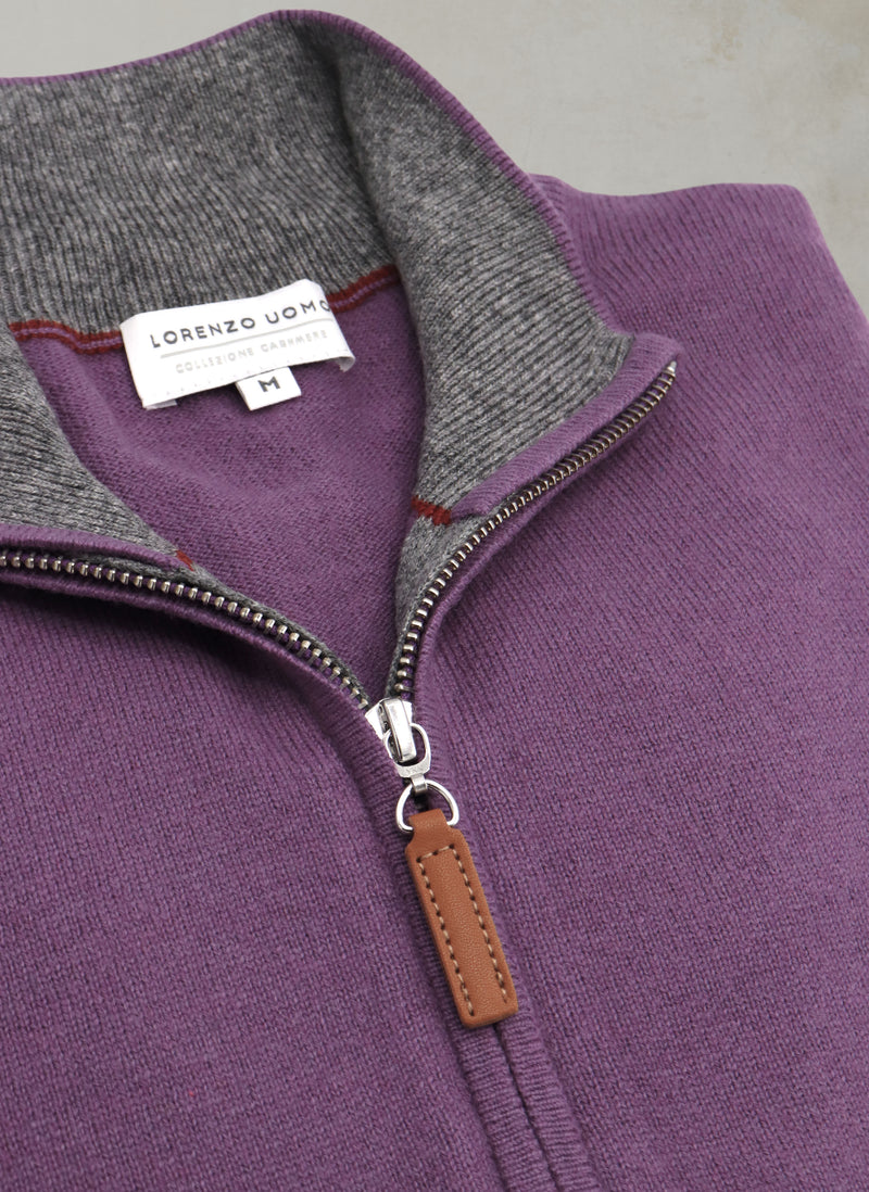 Madison Quarter Zip Cashmere Sweater in Amethyst Zipper Detail