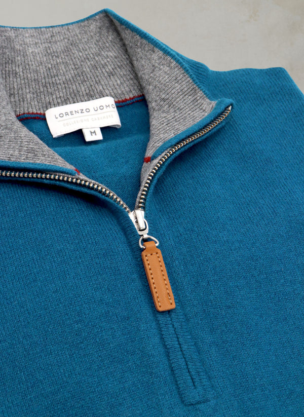 Men's Madison Quarter Zip Cashmere Sweater in Atlantic Blue Zipper Detail