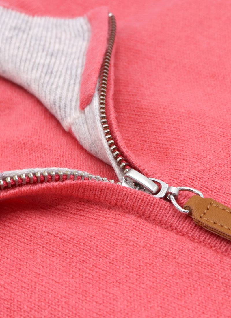 angle close up image of quarter zip cashmere sweater with ykk zipper