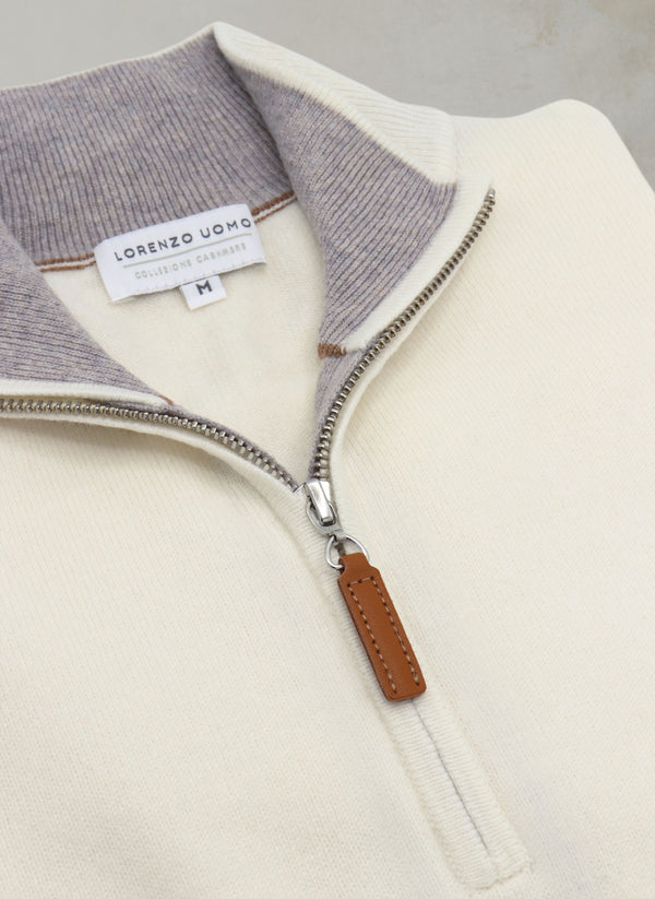 Men's Madison Quarter Zip Cashmere Sweater in Ivory Zipper Detail