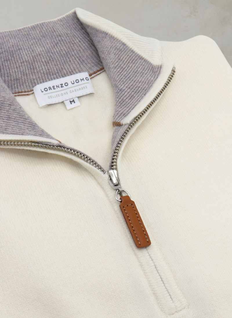Men's Madison Quarter Zip Cashmere Sweater in Ivory Zipper Detail