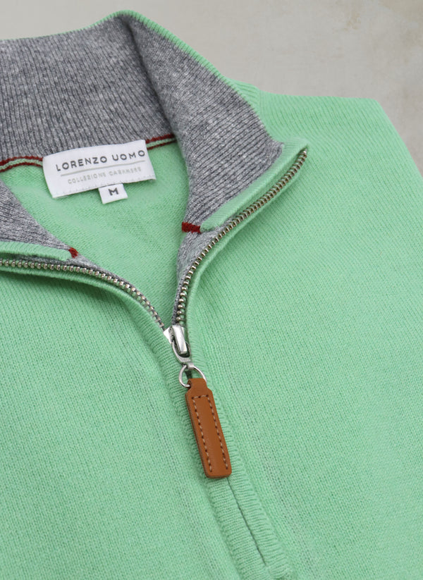 Men's Madison Quarter Zip Cashmere Sweater in Mint Zipper Detail