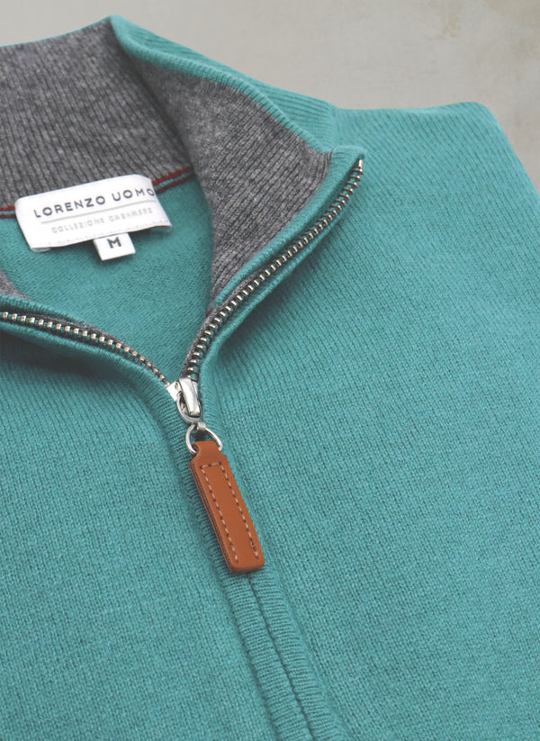 Men's Madison Quarter Zip Cashmere Sweater in Pond Blue Zipper Detail