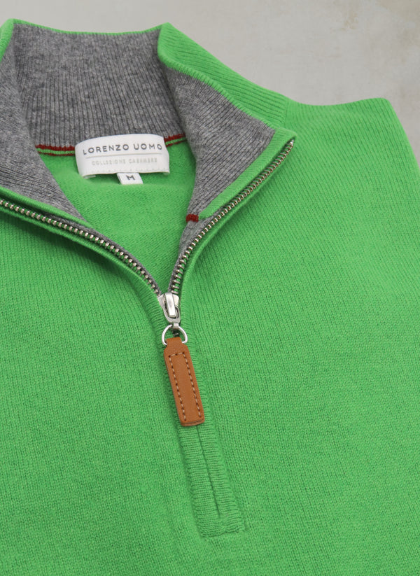 Men's Madison Quarter Zip Cashmere Sweater in Seagrass Zipper Detail