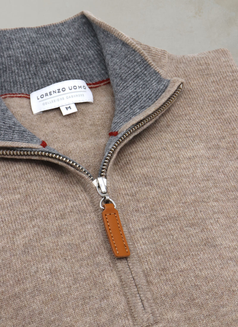 Men's Madison Quarter Zip Cashmere Sweater in Taupe Zipper Detail