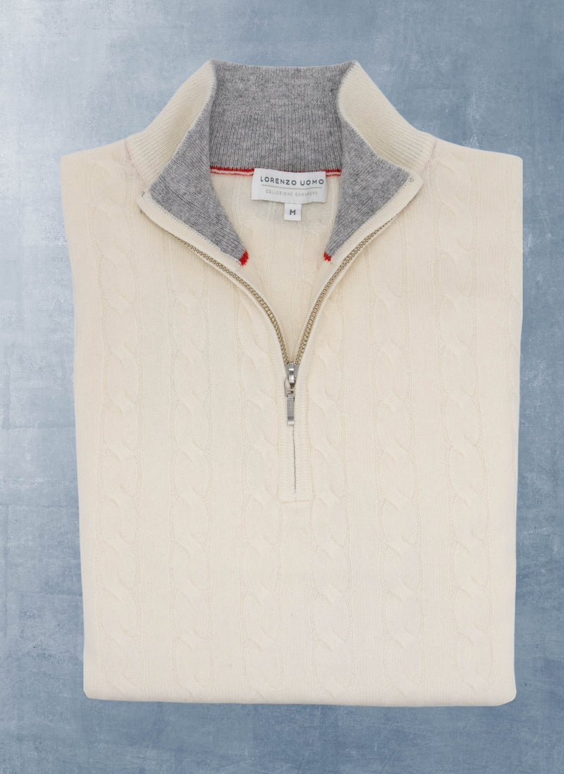Men's Lugano Stripe Quarter Zip Cashmere Sweater in Ivory