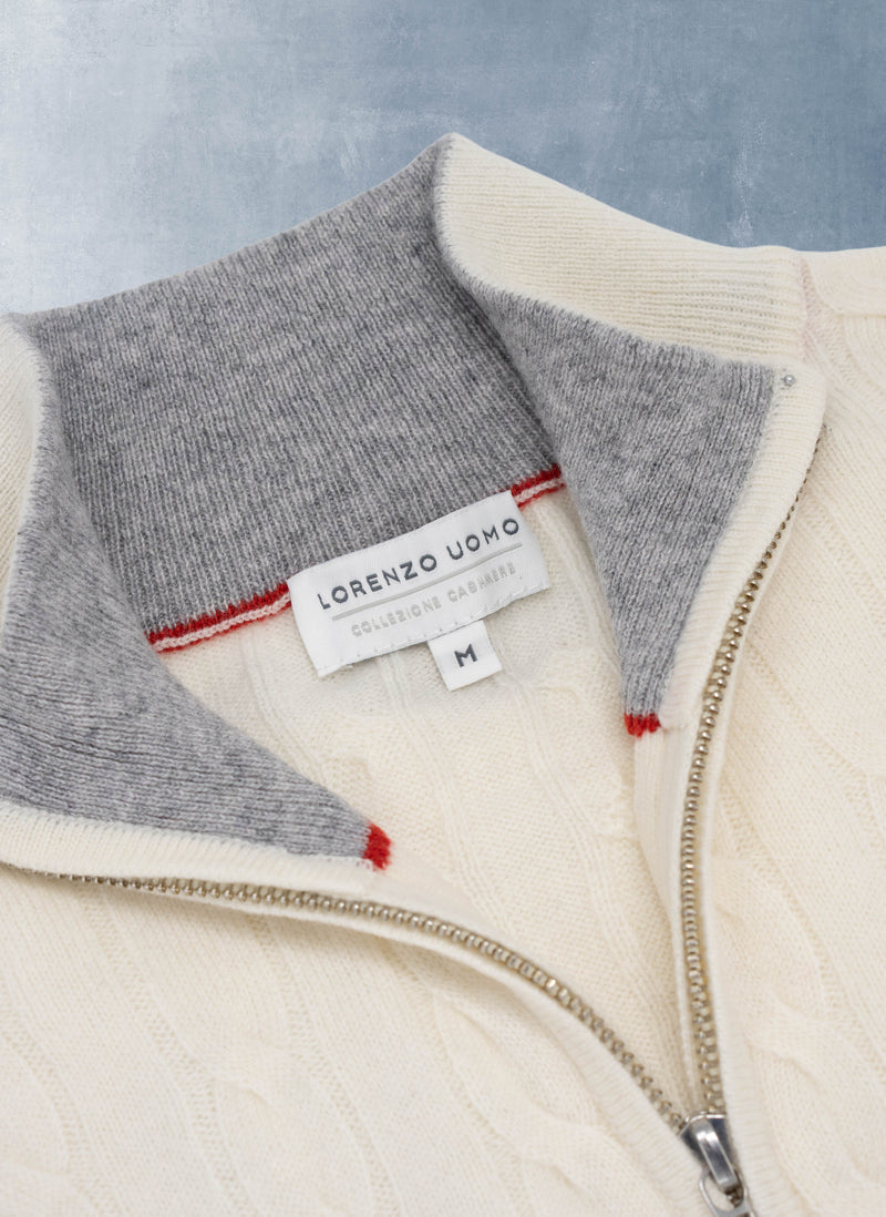 Men's Lugano Stripe Quarter Zip Cashmere Sweater in Ivory