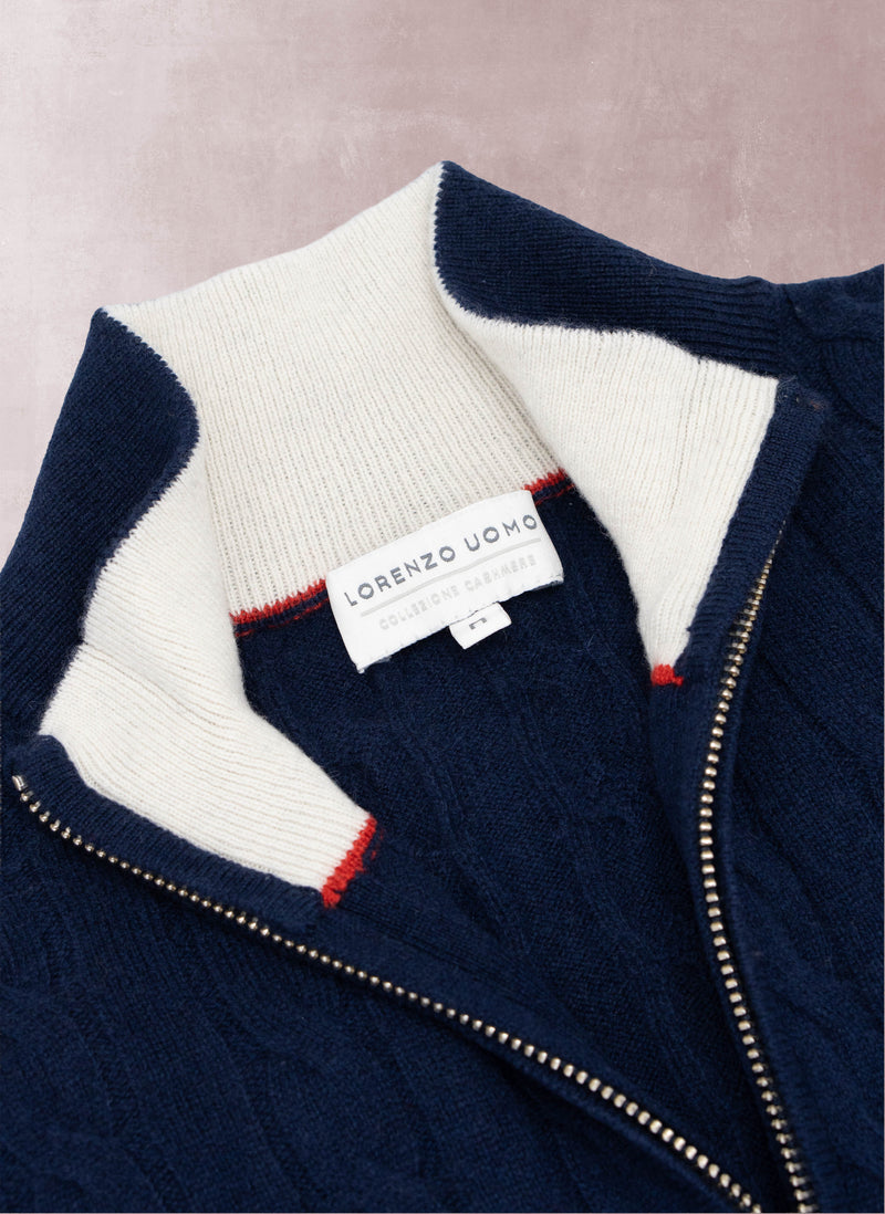 Men's Lugano Stripe Quarter Zip Cashmere Sweater in Navy