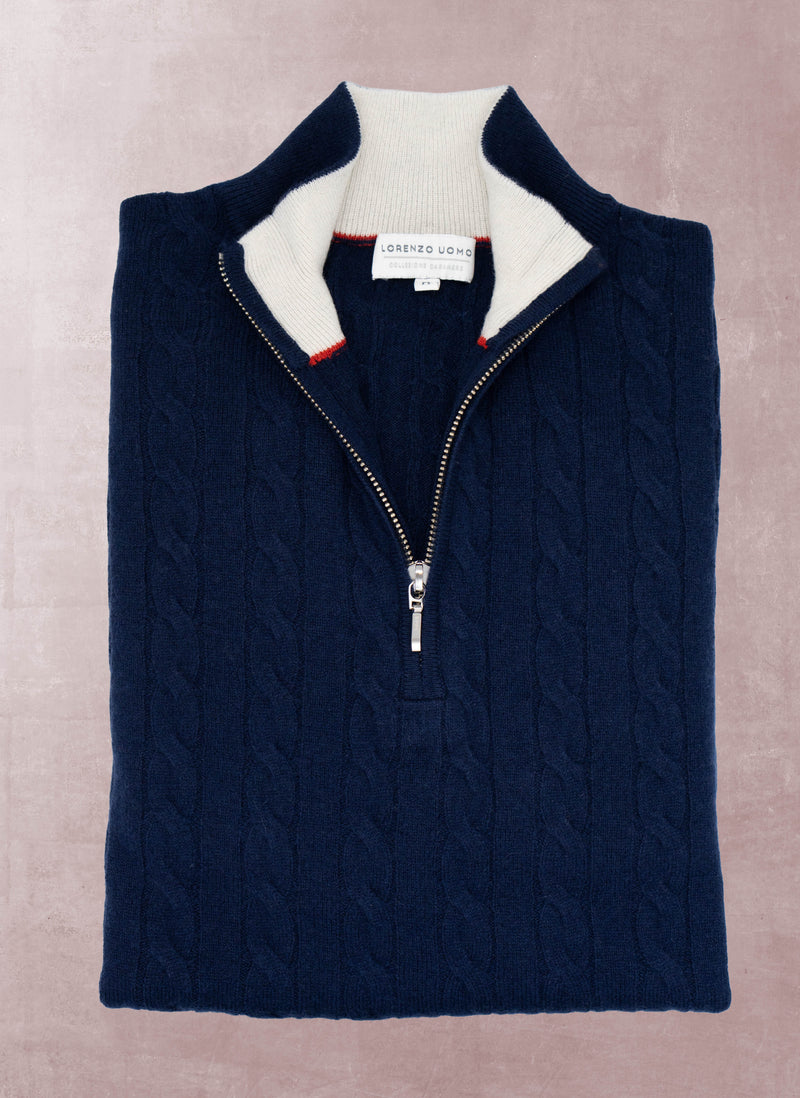 Men's Lugano Stripe Quarter Zip Cashmere Sweater in Navy