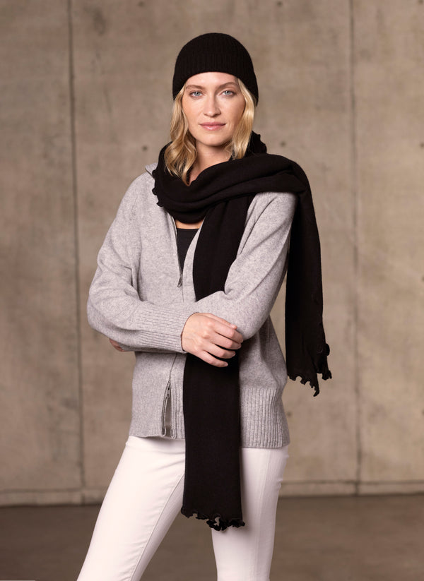 Women's Francesca Double End Zip Cashmere Cardigan Sweater in Light Grey Featuring our Pure Cashmere Women’s Scarf in Black and our 100% Pure Cashmere Unisex Beanie in Black
