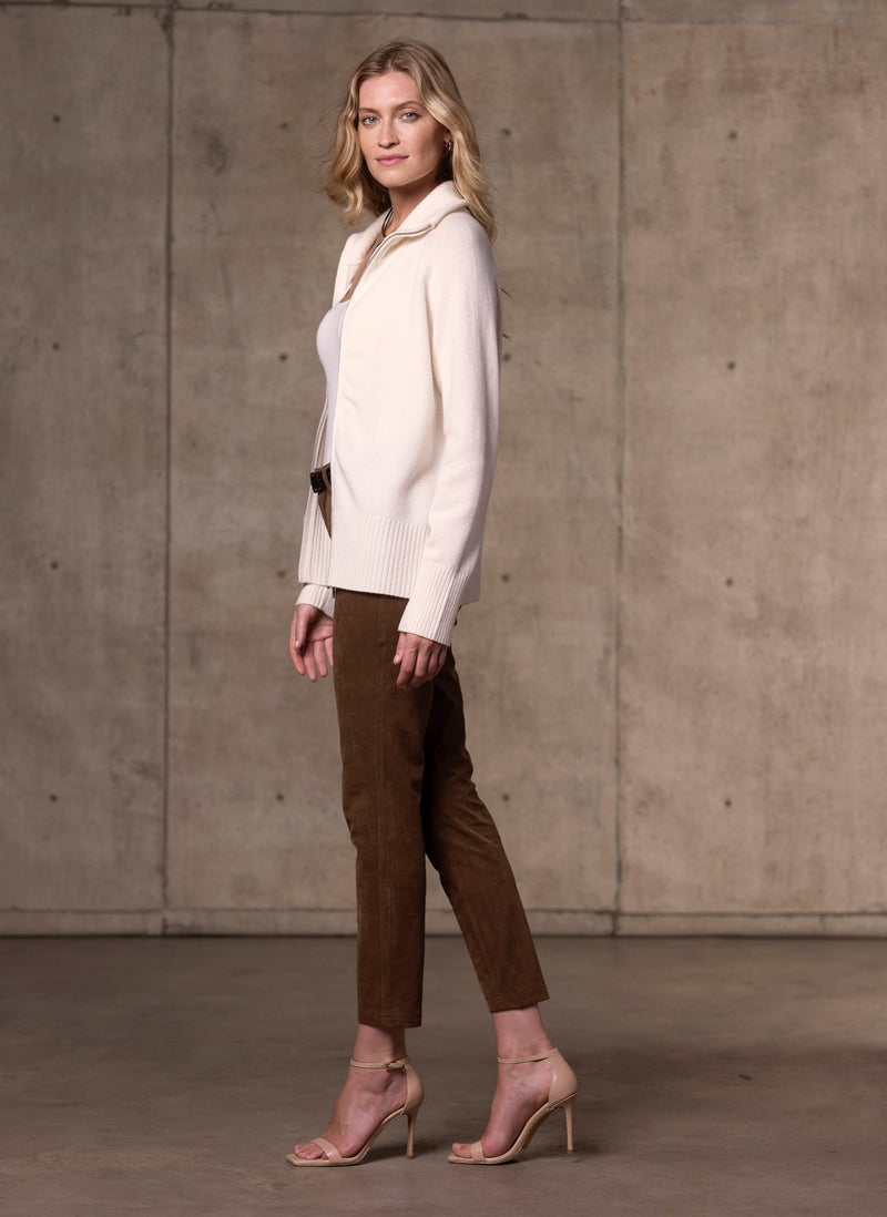 Side Image of Women's double zip cashmere cardigan in ivory with suede pants