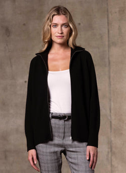 Model wearing Women's Francesca Double End Zip Cashmere Cardigan Sweater in Black