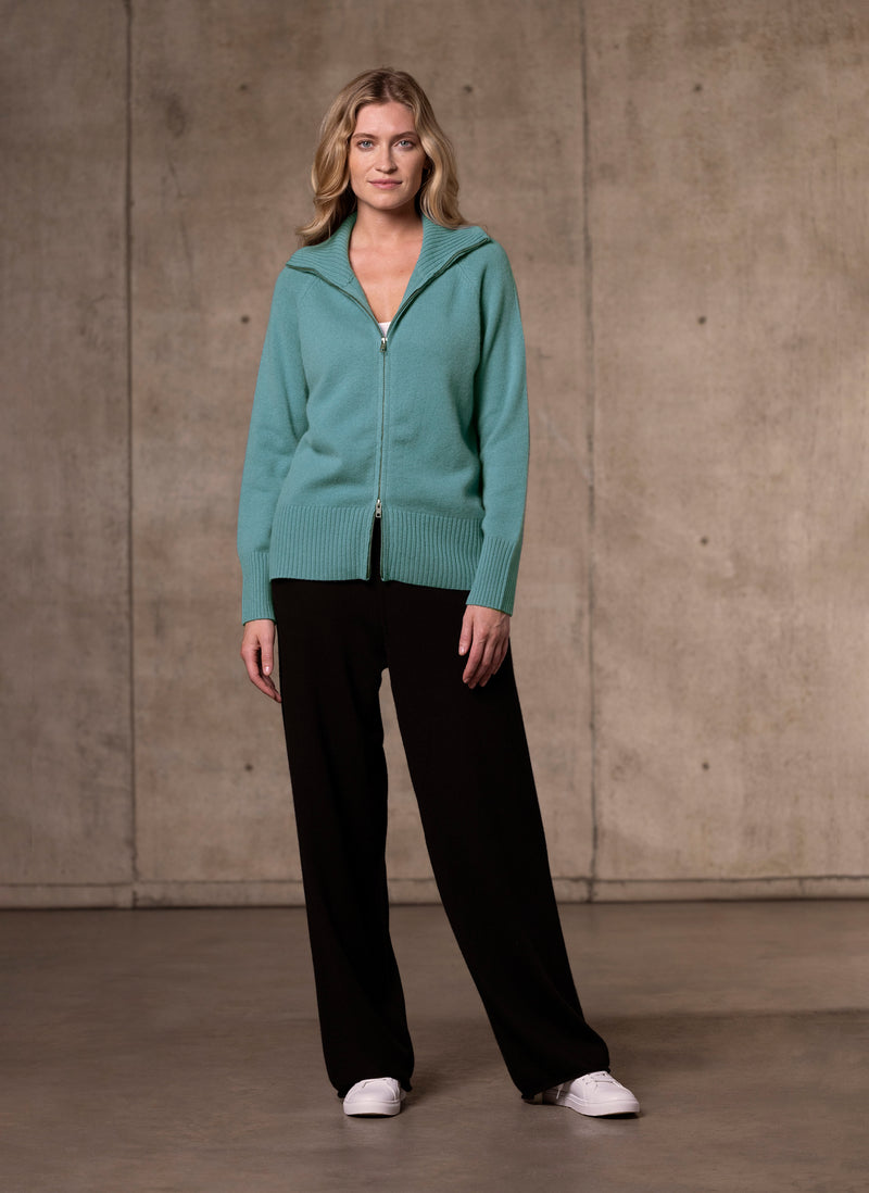 Women's Double Zip Cashmere Cardigan Sweater in Robins Egg and Women's Cashmere Pants in Black