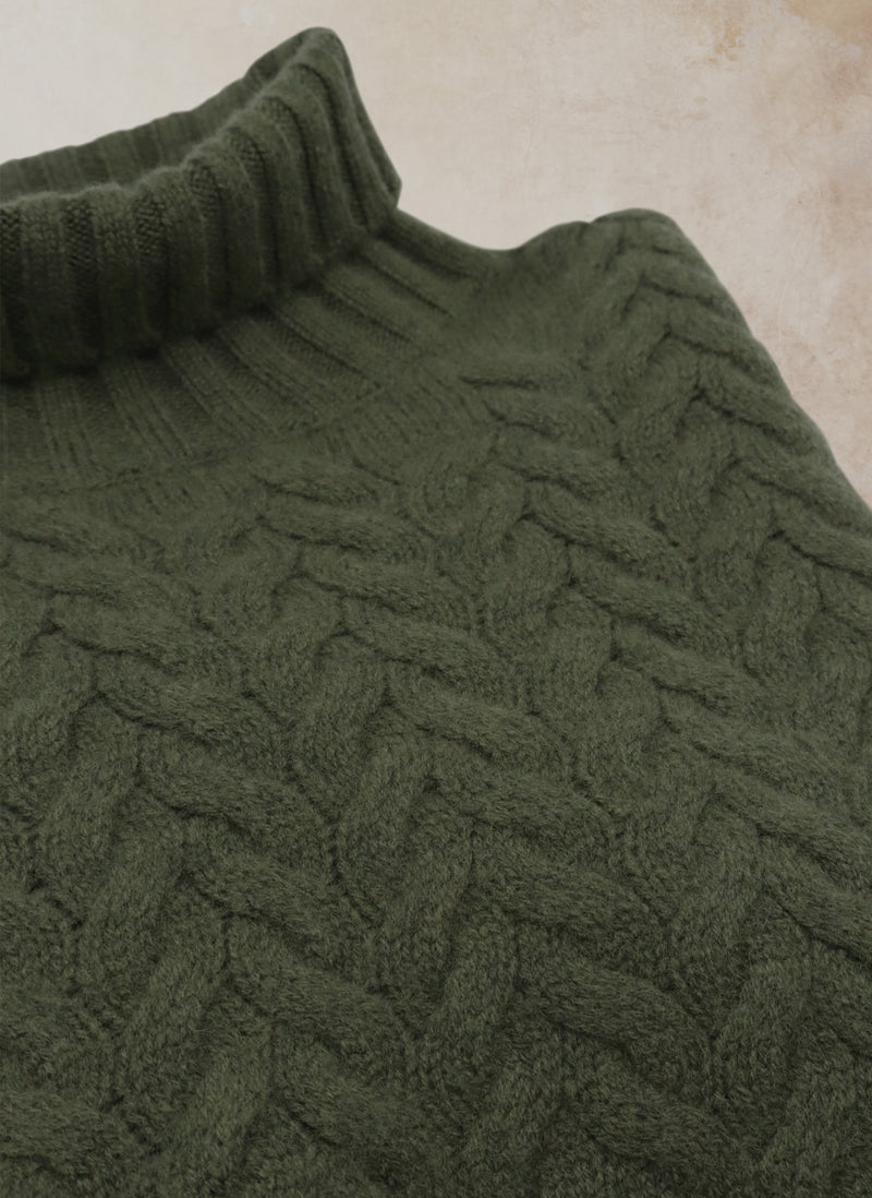 Women's Detailed Image of Olive Turtleneck Cable Sweater