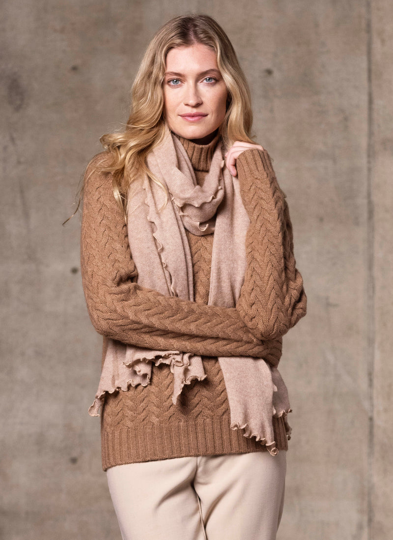 Women's Giulia Turtle Neck Cable Cashmere Sweater in Camel with women's taupe scarf
