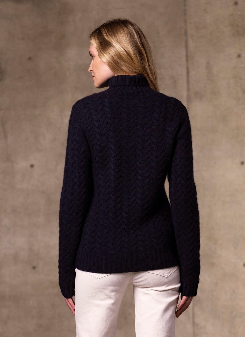 Back Image Women's Giulia Turtle Neck Cable Cashmere Sweater in Navy 