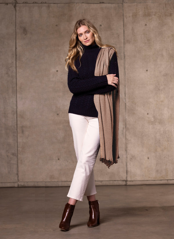 Women's Giulia Turtle Neck Cable Cashmere Sweater in Navy with taupe scarf